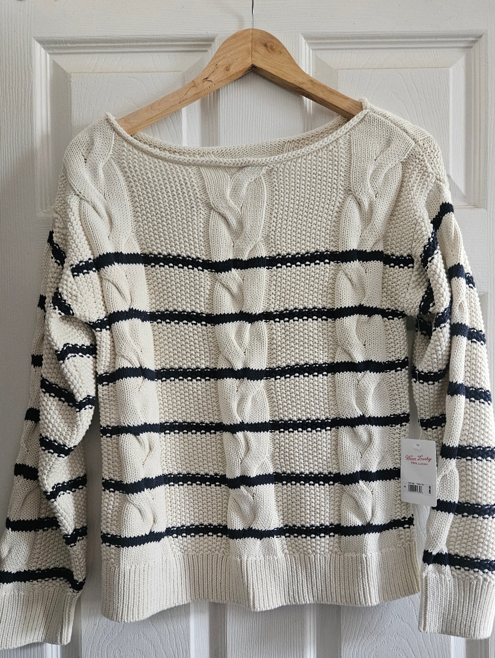 Lucky Brand Cream and Black Striped Cable Knit Sweater